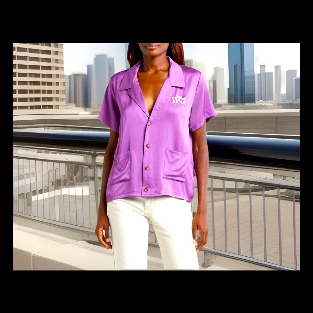Honor The Gift Notched Collared Purple Button-Up Embroidered HTG Camp Shirt NWT